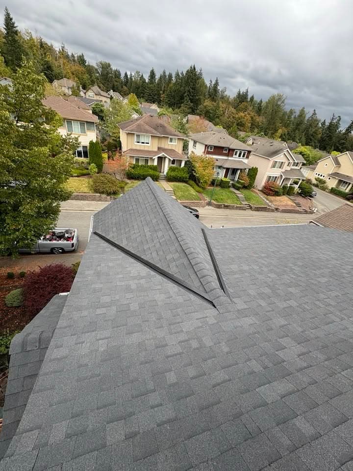 Completed architectural asphalt shingle roof with ridge vent and closed-cut valleys, viewed from the roof
